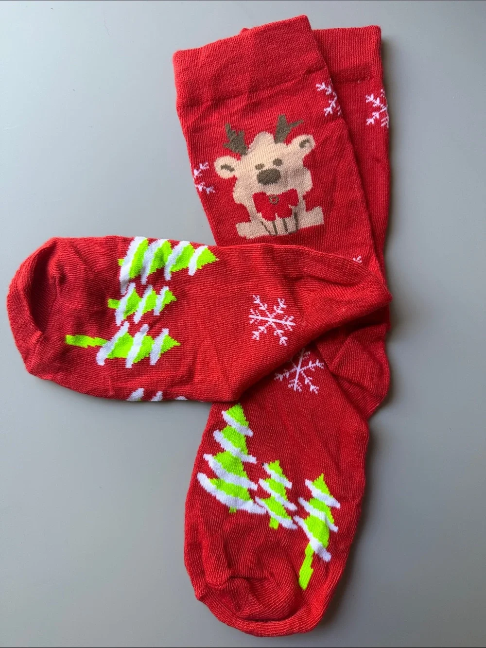 Red Reindeer & Neon Christmas Tree and Snowflake Holiday Socks- NWOT